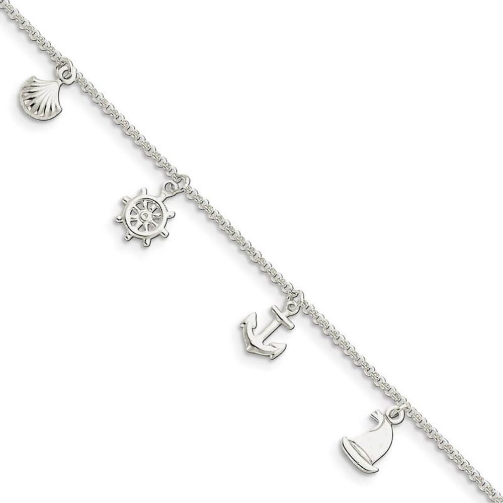 Sterling Silver 2mm Rolo Chain And Nautical Charm Anklet, 9-10 Inch
